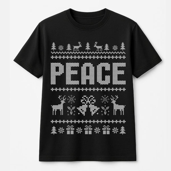 Festive Reindeer Nordic Pattern Shirt, Peace Ugly Christmas T-Shirt, Retro Holiday Xmas Graphic Tee, Matching Couples Christm