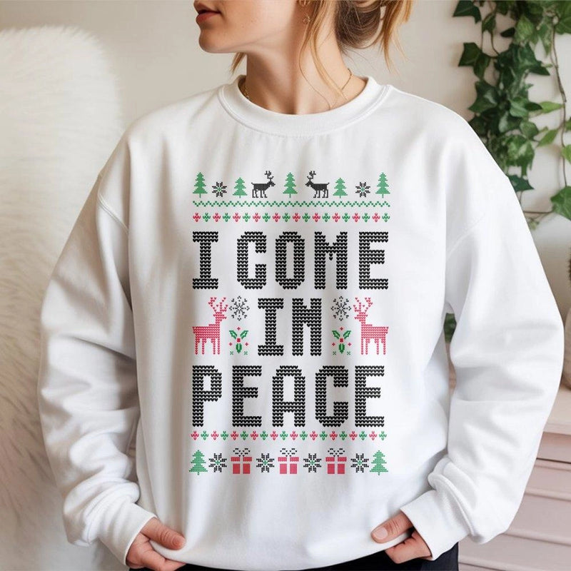 Humorous Ugly Holiday Sweater, I Come in Peace Christmas Sweatshirt, Alien Christmas Crewneck, Retro Xmas Pullover, Matching Couples Present