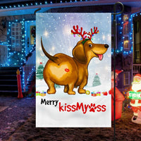 Humorous Weiner Dog Holiday Yard Flag, Dachshund Christmas Garden Flag Merry Kiss My Ass, Double-Sided Xmas Outdoor Lawn Decor