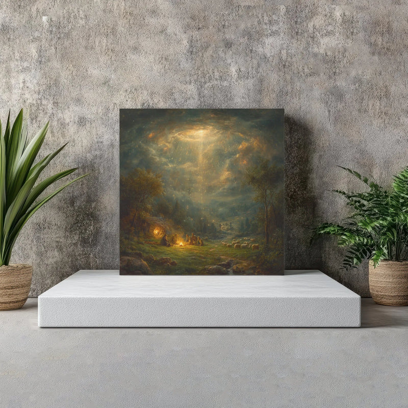 Bethlehem Divine Light Biblical Wall Art, Shepherds Nativity Square Canvas, Christian Christmas Canvas Print, Stretched Religious Art Decor