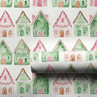 Watercolor Village Gift Wrap, Pink and Green Gingerbread House Wrapping Paper, Whimsical Christmas Wrapping Paper, Adorable Holiday Present Paper