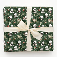 Holly Pine Christmas Gift Wrap, Green Panda Bear Wrapping Paper, Adorable Animal Holiday Present Paper, Festive Xmas Wrapping Paper