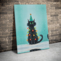 Whimsical Holiday Pet Wall Art, Black Cat Christmas Tree Canvas Print, Festive Kitty Canvas Painting