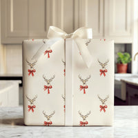 Red Bow Reindeer Gift Wrap, Watercolor Reindeer Wrapping Paper, Rustic Holiday Reindeer Paper Roll, Cream Christmas Gift Wrapping Paper