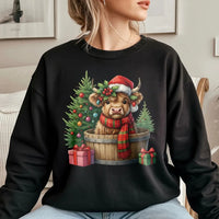 Santa Hat Cow Sweatshirt, Christmas Highland Cow Sweatshirt, Adorable Xmas Cow Crewneck, Festive Holiday Animal Sweater, Winter Present for Her