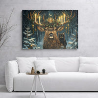 Snowy Forest Black Cat Canvas Print, Christmas Deer Canvas Wall Art, Candle Antler Stag Canvas, Whimsical Winter Holiday Home Decor Present