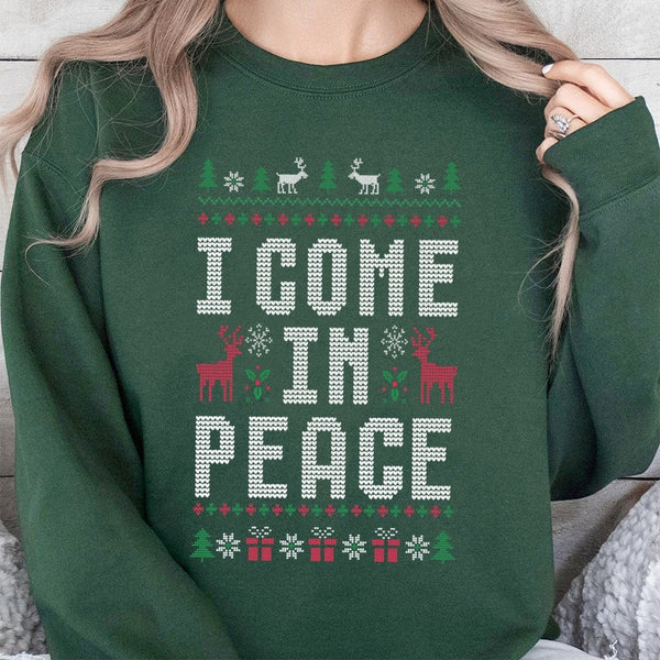 Humorous Alien Xmas Sweater, I Come in Peace Ugly Christmas Sweatshirt, Retro Sci Fi Holiday Pullover, Humorous Christmas Ali