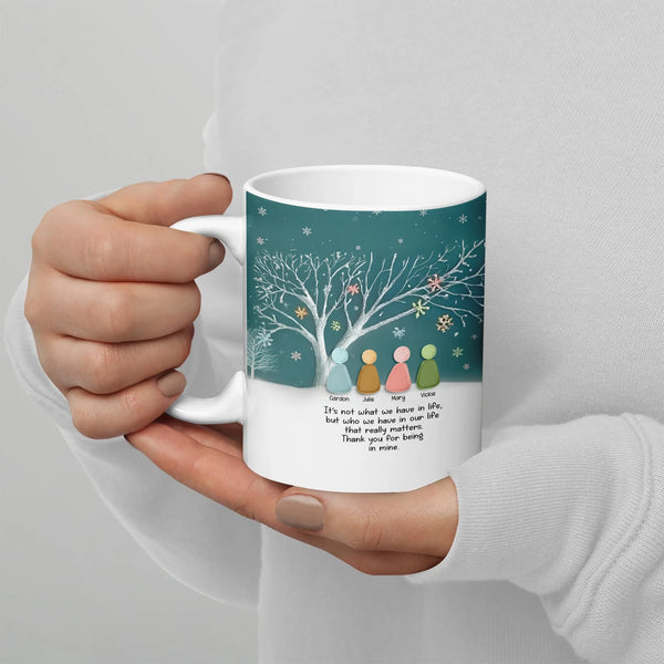 Custom Names Winter Snowflake Ceramic Mug, Personalized Family Tree Mug, Family Coffee Cup, Holiday Christmas Present