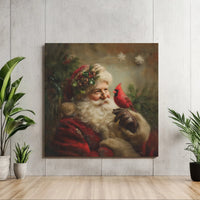 Classic Christmas Holiday Wall Art, Vintage Santa with Red Cardinal Canvas, Santa Claus Painting Canvas Print, Winter Canvas Decor Present