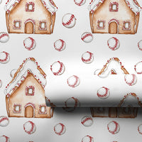 Sports Holiday Gift Wrap, Baseball Gingerbread Christmas Wrapping Paper, Baseball House Wrapping Paper Roll, Xmas Baseball Fan Gift Wrap