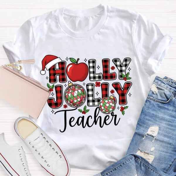 Apple Santa Hat Graphic Tee, Personalized Teacher Christmas Shirt, Custom Name Holiday T-Shirt, Adorable Educator Xmas Tee, T