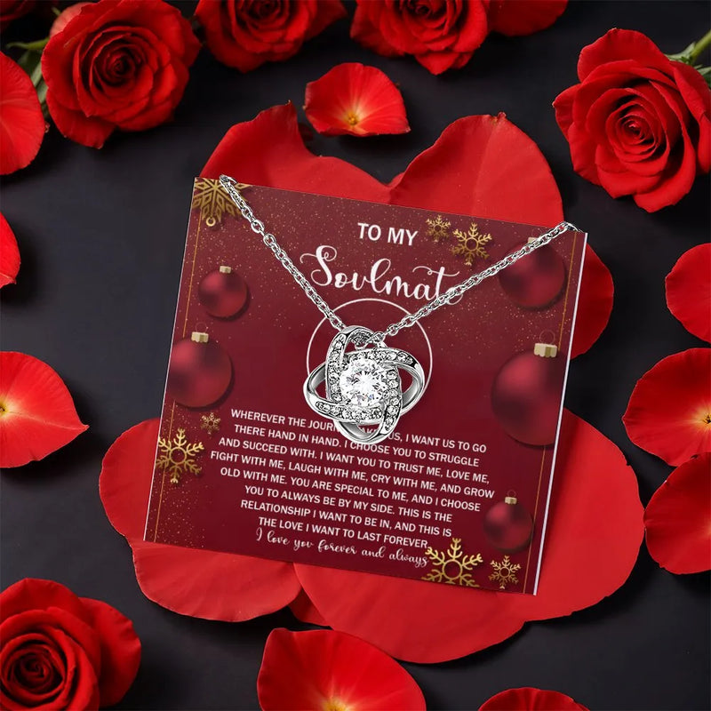 Holiday Crystal Pendant Necklace, Soulmate Love Knot Necklace, CZ Knot Jewelry, Rotating Rose Gift Box, Christmas Anniversary Present for Her