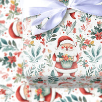 Botanical Pine Floral Christmas Gift Wrap, Watercolor Santa Wrapping Paper, Traditional Santa Claus Wrapping Paper