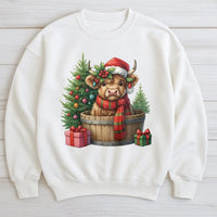 Santa Hat Cow Sweatshirt, Christmas Highland Cow Sweatshirt, Adorable Xmas Cow Crewneck, Festive Holiday Animal Sweater, Winter Present for Her