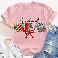 Festive Bow Holiday Nurse Tee, School Nurse Christmas Shirt, Merry Christmas RN T-Shirt, School Healthcare Worker Xmas Present