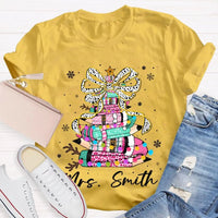 Bow Colored Pencils Snowflake Shirt, Personalized Christmas T-Shirt, Custom Holiday School Graphic Tee, Teacher Present Top