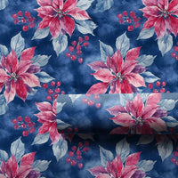 Watercolor Floral Holiday Gift Wrap, Pink Poinsettia Christmas Wrapping Paper, Winter Botanical Wrapping Paper, Elegant Navy Blue Present Paper