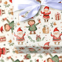 Adorable Holiday Elves Gift Wrap, Whimsical Santa and Elf Wrapping Paper, Watercolor Christmas Wrapping Paper, Kids Festive Present Paper Roll
