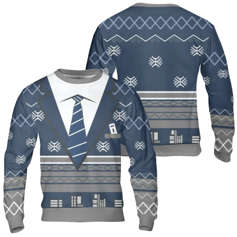 Blue Snowflake Graphic Pullover, Faux Suit and Tie Ugly Christmas Sweater, Tuxedo Holiday Party Sweatshirt, Humorous Fancy Formal Xmas Top