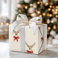 Red Bow Reindeer Gift Wrap, Watercolor Reindeer Wrapping Paper, Rustic Holiday Reindeer Paper Roll, Cream Christmas Gift Wrapping Paper