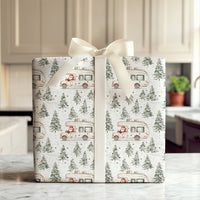 RV Road Trip Christmas Gift Wrap, Santa Camper Wrapping Paper, Watercolor Pine Forest Wrapping Paper