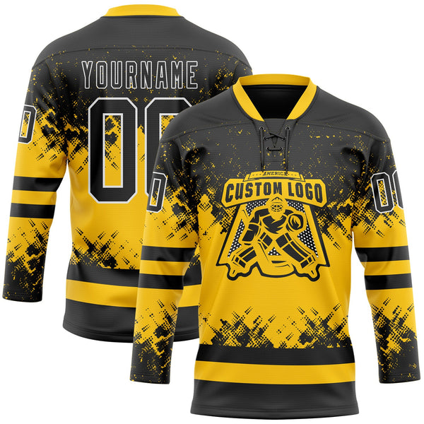 Custom Hockey Jersey - Black Yellow-White Abstract Splatter Paint Lace Neck
