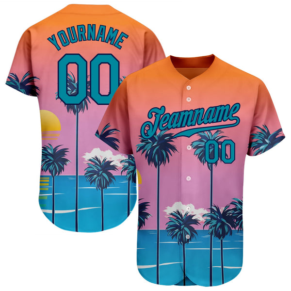 Custom Baseball Jersey - Orange Teal-Navy 3D Pattern Design Sun Beach Hawaii Palm Trees Authentic
