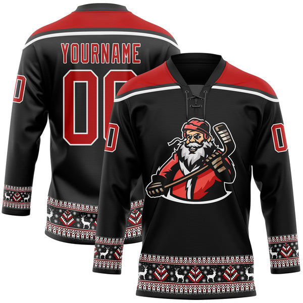 Custom Hockey Jersey - Black Red-White Christmas Santa Claus 3D Lace Neck