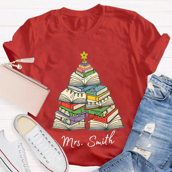 Personalized Holiday Shirt, Custom Christmas Trees and Books T-Shirt, Comfy Book Lover Xmas Graphic Tee, Custom Name Christma