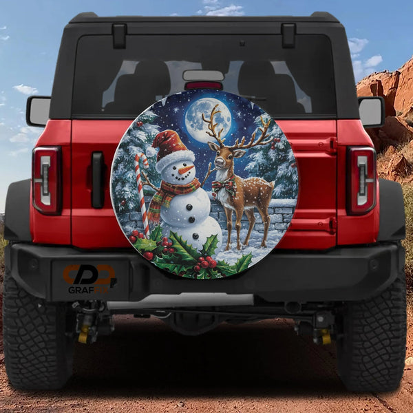 Winter Night Scene Holiday Tire Cover, Christmas Snowman Reindeer Spare Tire Cover, Festive Xmas Wheel Cover, Jeep SUV Truck 