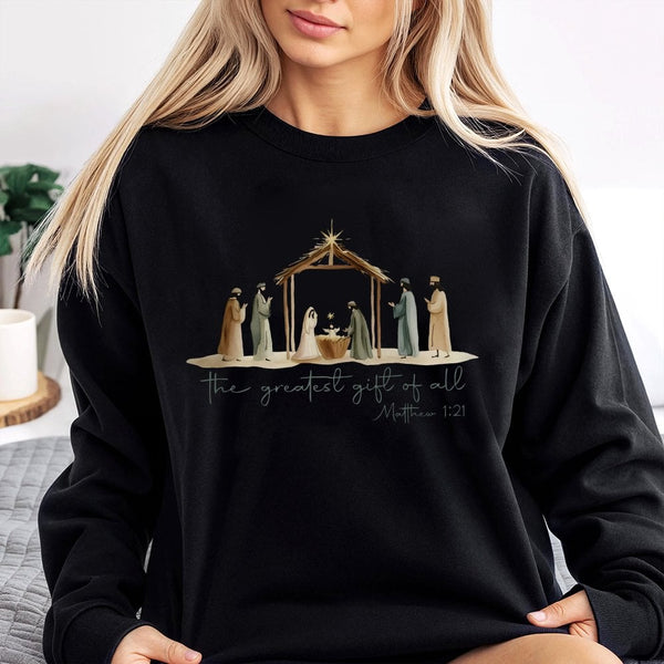 The Greatest Present of All Christian Crewneck, Nativity Scene Christmas Sweatshirt, Holy Night Nativity Sweater, Religious H
