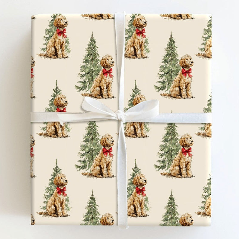Watercolor Dog with Red Bow Gift Wrap, Goldendoodle Christmas Wrapping Paper, Holiday Puppy Wrapping Paper, Dog Lover Present Packaging Roll