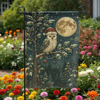 Santa Hat Full Moon Flag, Snowy Owl Christmas Garden Flag, Winter Wildlife Yard Flag, Festive Holiday Lawn Decor, Seasonal Outdoor Home Present