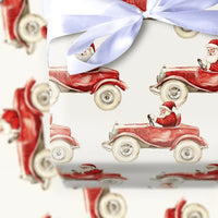 Vintage Christmas Gift Wrap, Santa Driving Red Car Wrapping Paper, Retro Watercolor Holiday Wrapping Paper, Festive Xmas Gift Wrap Roll