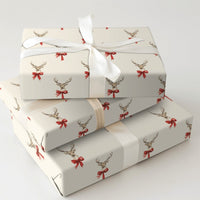 Red Bow Reindeer Gift Wrap, Watercolor Reindeer Wrapping Paper, Rustic Holiday Reindeer Paper Roll, Cream Christmas Gift Wrapping Paper