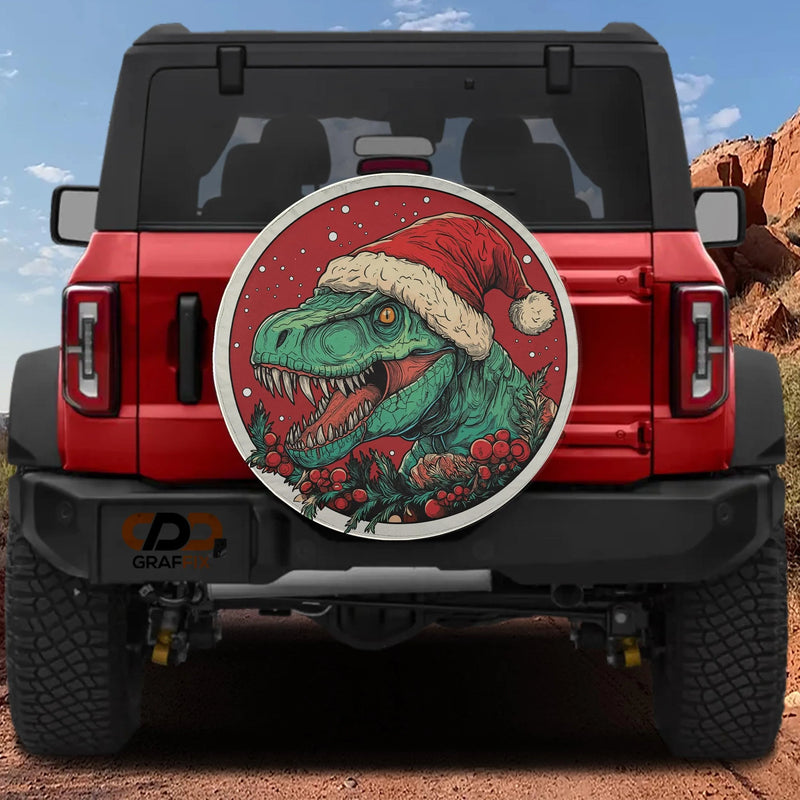 Santa Hat Dinosaur Wheel Cover, Dino Claus T-Rex Christmas Spare Tire Cover, Humorous Holiday Tire Protector, Xmas Present for Jeep SUV Truck