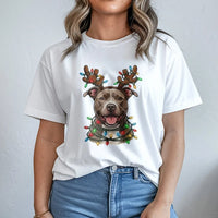 Reindeer Antlers Holiday Lights Shirt, Pitbull Christmas T-Shirt, Adorable Xmas Dog Graphic Tee, Festive Pup Apparel, Present for Dog Mom and Dad