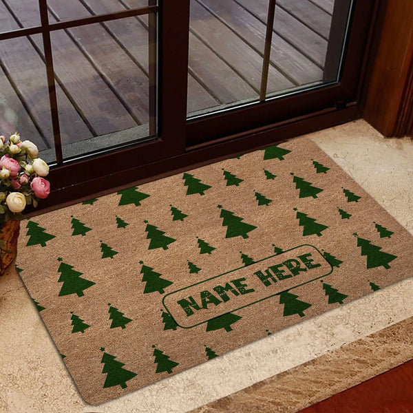 Custom Family Name Doormat, Personalized Christmas Tree Doormat, Festive Xmas Welcome Mat, Winter Front Door Doormat, Holiday