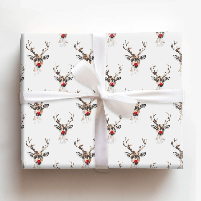 Red Nosed Deer Gift Wrap, Watercolor Reindeer Wrapping Paper, Adorable Christmas Reindeer Wrapping Paper, Whimsical Holiday Gift Wrap Roll