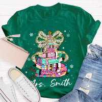Bow Colored Pencils Snowflake Shirt, Personalized Christmas T-Shirt, Custom Holiday School Graphic Tee, Teacher Present Top