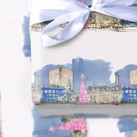 Watercolor Winter City Gift Wrap, Pink Christmas Tree Cityscape Wrapping Paper, Festive Street Holiday Wrapping Paper, Urban Gift Wrap Roll