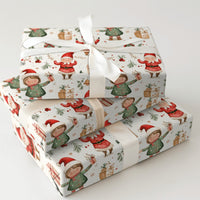 Adorable Holiday Elves Gift Wrap, Whimsical Santa and Elf Wrapping Paper, Watercolor Christmas Wrapping Paper, Kids Festive Present Paper Roll