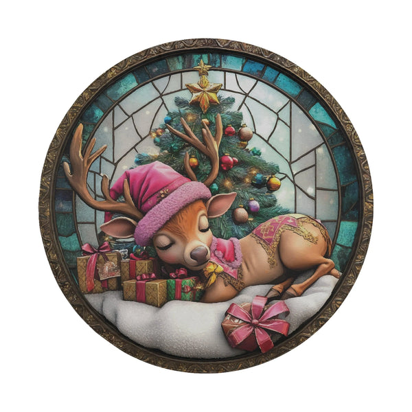 Stained Glass Holiday Tire Cover, Baby Reindeer Christmas Spare Tire Cover, Festive Deer Wheel Protector, Xmas Vehicle Decor 