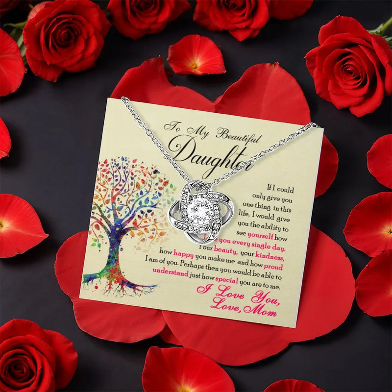 Tree of Life Card Knot Necklace, Daughter Love Knot Necklace, Sparkling CZ Crystal Pendant, Meaningful Birthday Christmas Present from Mom