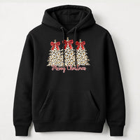 Merry Christmas Bow Hooded Sweatshirt, Leopard Print Christmas Tree Hoodie, Preppy Holiday Graphic Pullover, Winter Cheetah Xmas Sweater