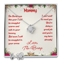 Pregnancy Announcement Love Knot Jewelry, First Christmas New Mom Love Knot Necklace and Earring Set, Holiday Love Knot Keepsake