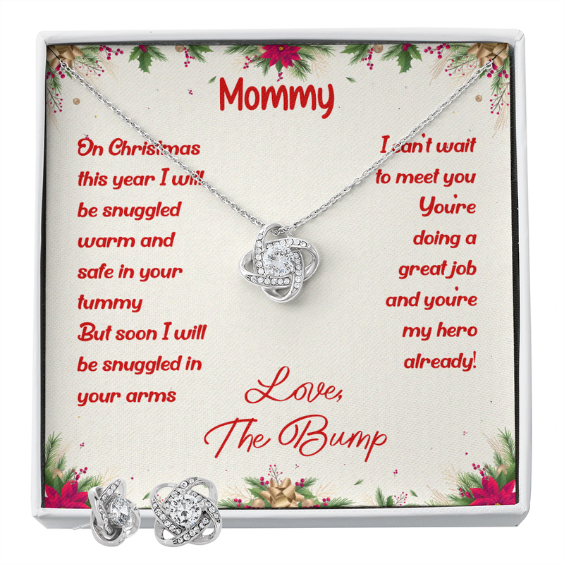 Pregnancy Announcement Love Knot Jewelry, First Christmas New Mom Love Knot Necklace and Earring Set, Holiday Love Knot Keepsake
