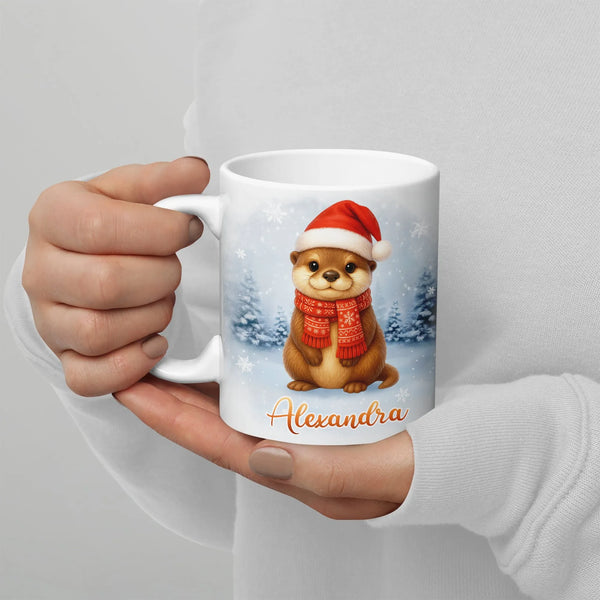 Personalized Holiday Animal Coffee Mug, Christmas Otter Mug, Festive Winter Otter Ceramic Mug, 11oz 15oz Seasonal Xmas Presen
