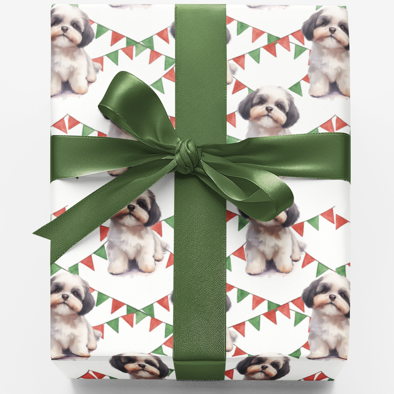 Puppy Pennant Gift Wrap, Shih Tzu Christmas Wrapping Paper, Shih Tzu Holiday Present Paper, Dog Lover Xmas Wrapping Paper, Holiday Gift Wrap