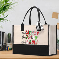 Retro Holiday Christmas Tote Bag, Be Merry Be Jolly Be Kind Cotton Tote Bag, Festive Winter Slogan Shopper, Daily Canvas Shoulder Bag